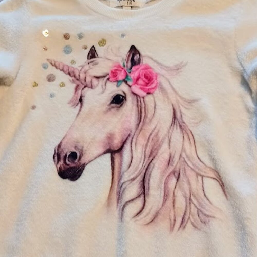 Speechless Kids Girls Size S, white fleece top w/Unicorn pink rose & sequence - Picture 2 of 7